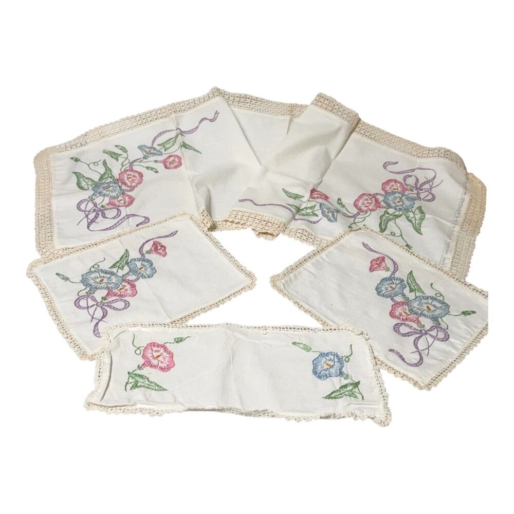 Vtg 4pc Hand Embroidered Linen ? Dresser Scarf Set Crochet Edge Morning Glory